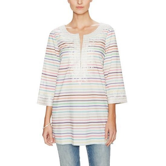 Calypso St. Barth Dress Mini Tunic Hester Striped 3/4 Sleeve Cotton Embr… - Picture 1 of 5